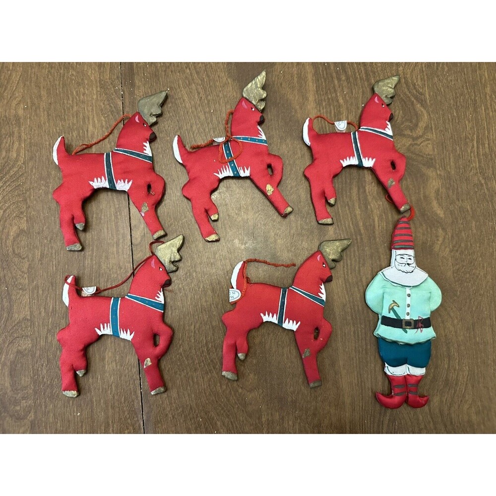 Vintage Christmas Ornaments Santa Belsnickel Reindeer Kitsch MCM Lot Of 6 Fabric